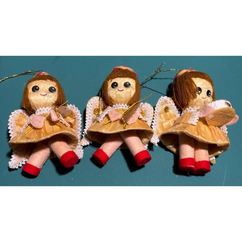 VTG Set Of‎ 3 Handmade Straw Angel Ornaments With Red Shoes & Golden Harps